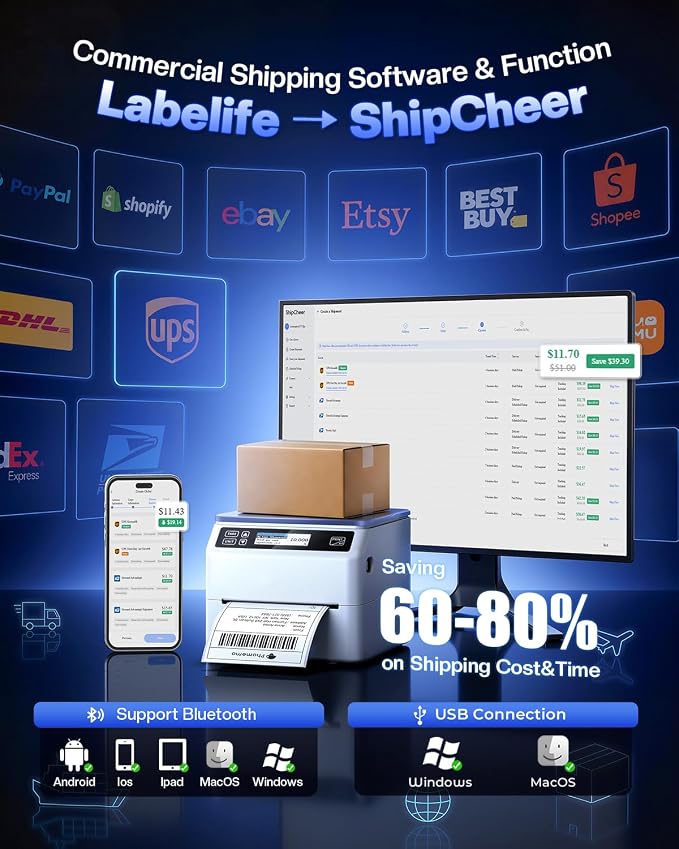 Phomemo Bluetooth Shipping Label Printer 4x6 with Scale | D422S Label Printer & Scale All-in-One, Thermal Printers with Built-in Label Holder, Compatible with UPS, USPS, TikTok