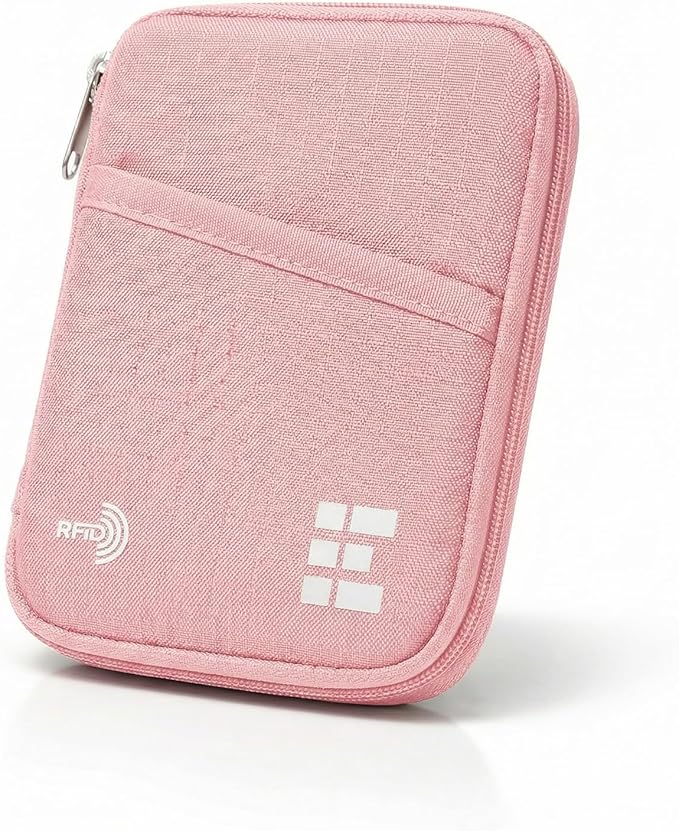 Zero Grid RFID Passport Holder & Travel Wallet, Zippered Wallet for Men & Women, Fits Passport, Cards, Cash, Tickets, ID, Sim Card, AirTag; Premium & Compact Travel Document Holder - Rose Pink