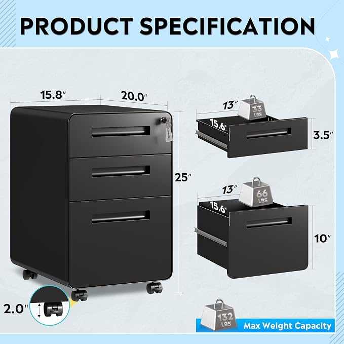 DEVAISE 3 Drawer File Cabinet with Lock, Fully Assembled Except Casters | Thickened Metal Mobile Filing Cabinet, Under Desk File Cabinet for Home Office, fits Letter/Legal Size, Black