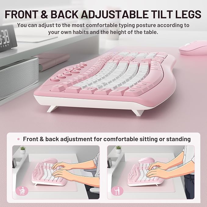 Wireless Keyboard and Mouse Combo Silent Ergonomic Curved Design for Office | 2.4G Full Size Cordless Keyboard with Tilt Legs,3-Level DPI Quite Mouse for Windows,Mac OS/Desktop/Laptop/PC