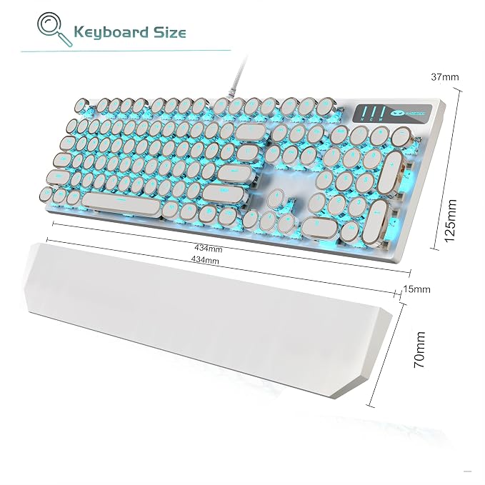 MageGee Typewriter Mechanical Gaming Keyboard, Retro Punk White Round Keycaps, 104 Keys LED Blue Backlit Wired Keyboards for Laptop MAC PC Gamer, with Magnetic Wrist Rest, Blue Switch