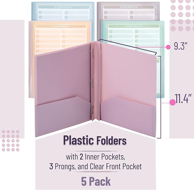 Mr. Pen- Plastic Folders with Clear Front Pocket, 5 pcs, Pastel Colors, File Folders with Fasteners for Documents