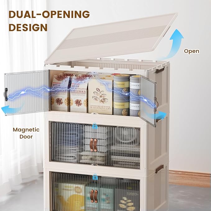 SAILUN 635Qt Extra Large Stackable Storage Bins Folding Collapsible Storage Bins with Lid, Closet Organizers and Storage Box with Door Beige 28" W x 17" D x 75" H