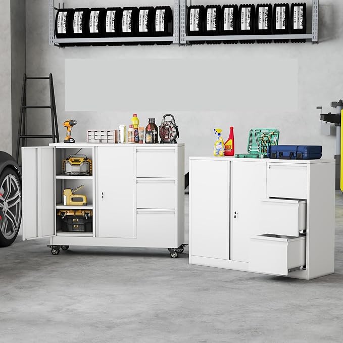 3 Drawer File Cabinet, Office Mobile Filing Cabinet, Printer Stand | All-in-One Office Storage, 3 Storage Drawers, 2 Adjustable Shelves, Lockable Cabinet, 4 Casters, 46.5-Inch Top