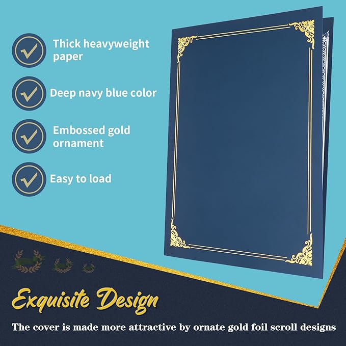 25 Packs Certificate Holders, Navy Blue Certificate Covers, Diploma Holders, Certificate Folders with Gold Foil Border for Letter Size 8.5" x 11" Certificates, Diploma, Documents, Award Cover