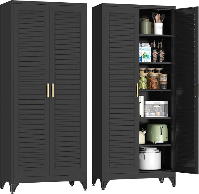 75" Tall Kitchen Pantry Cabinet, Metal Storage Cabinet with Doors | Kitchen Cabinet with 5 Adjustable Shelves, Black Cupboard for Kitchen, Dining Room, Living Room, Bathroom, Garage and Office
