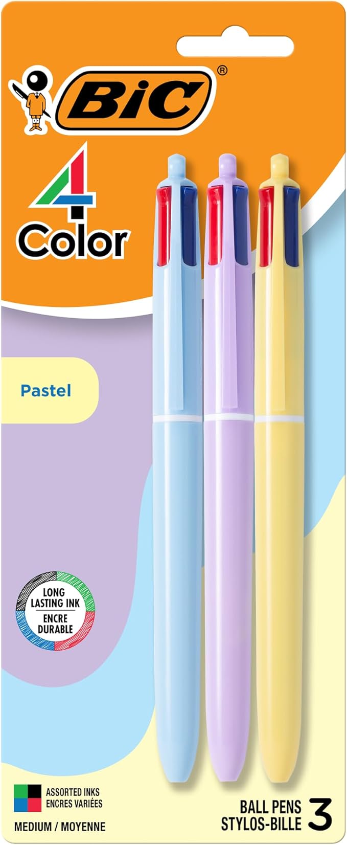 BIC 4 Color Pastel Ballpoint Pen with Soft-Touch Barrel and 1.0 mm Medium Point, 3-Count in Assorted Ink