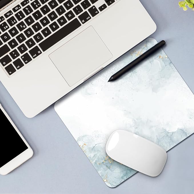 Mouse Pad with Stitched Edges - Minimalist Mousepad for Women, 9.25 x 7.75 inch Washable Square Desk Pad, Non-Slip Rubber Base, Office Home Laptop Accessories - Mist Calm