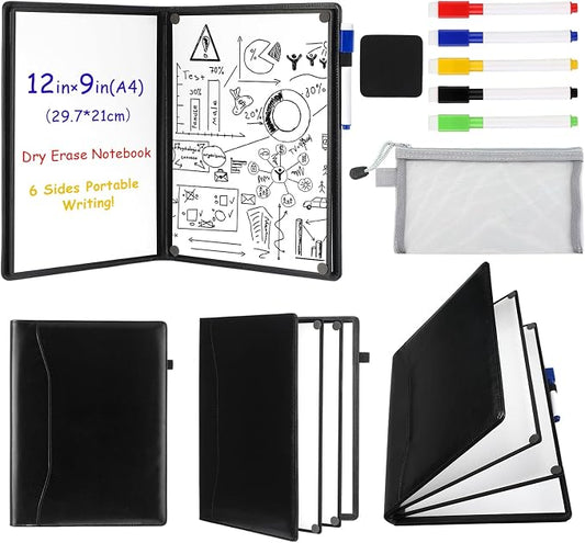 Feifeiya 6 Sides Dry Erase Notebook, Black, A4 9" X 12" | Portable Reusable Whiteboard Notepad 6 Side Foldable Dry Erase White Board for Planner Office Study Business Meeting Supplies
