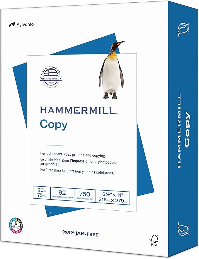 Hammermill Printer Paper, 20 lb Copy Paper, 8.5 x 11 - 1 Bulk Pack (750 Sheets) - 92 Bright, Made in the USA, 150300R