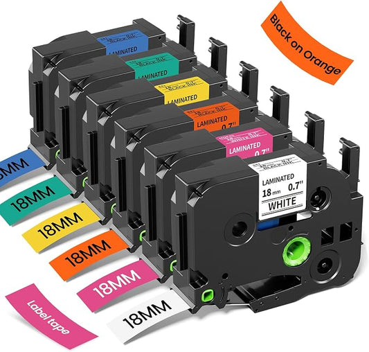 18mm TZe TZ Label Maker Tape Replacement for Brother P Touch Label Colored | Laminated Tape Compatible with PT-D410 D400 D460BT D600, White/Berry Pink/Orange/Blue/Yellow/Green, 3/4" x 26.2', 6-Pack