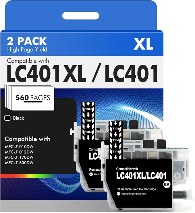 LC401XL LC401 Black Ink Cartridges for Brother MFC-J1010DW MFC-J1170DW | Compatible for Brother LC 401XL Ink MFC-J1010DW MFC-J1170DW MFC-J1012DW MFC-J1800DW Printer (High Yield, 2 Black Pack)