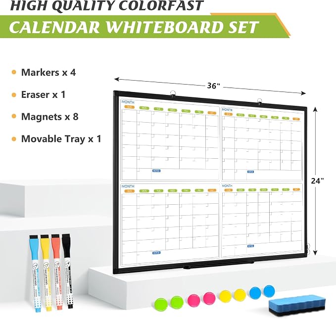White Board Calendar 36 x 24, 4 Month Wall Whiteboard Dry Erase | Magnetic Whiteboard Calendar Planner, Black Aluminum Frame Dry Erase Board for Office Home and School