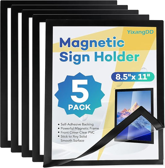 YixangDD 5 Pack Magnetic Sign Holder 8.5 x 11, Self-Adhesive Magnetic Wall Mount Sign Holder, Magnetic Document Holder for Wall Window Office Poster Store
