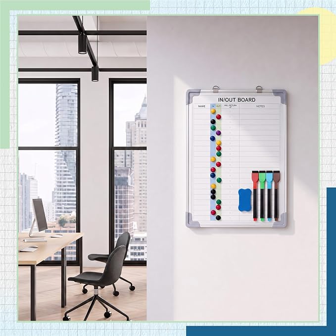 in and Out Magnetic Dry-Erase Board Aluminum Framed White Board with Lines Names with Magnetic Dry-Erase Marker, Eraser, and Magnets Wall-Mounted for Office Employee (16" X 12",Colored Styles)