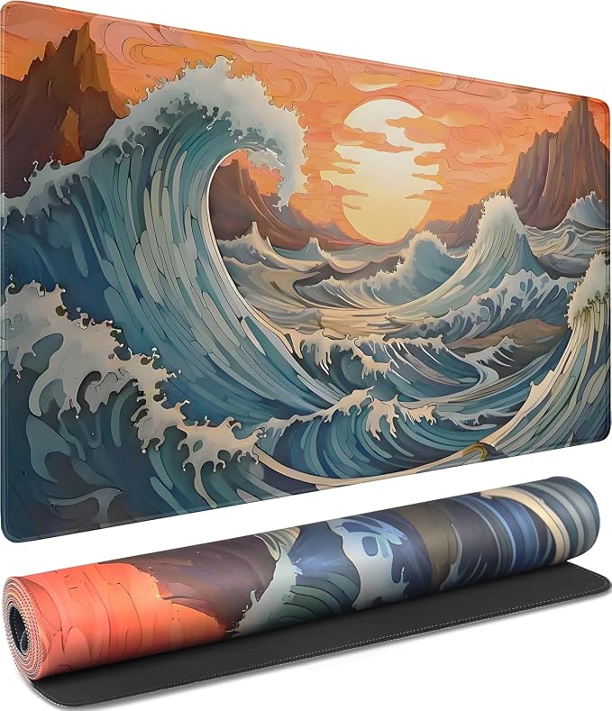 Gaming Mouse Pad, Waterproof Extra Large Mousepad with Stitched Edges, 31.5" x 15.7" Non-Slip Rubber Base Office Big Long Keyboard Pad for Office Gamer Home XXL, (Waves Sunset)
