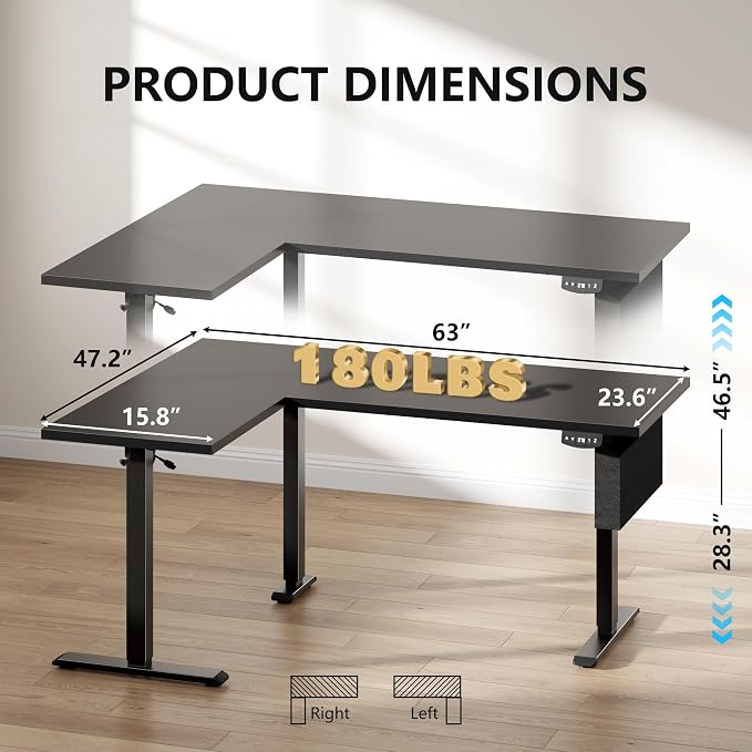 Korfile 63" L Shaped Standing Desk, Height Adjustable, LED, Memory Presets | Reversible, Ergonomic Sit to Stand Computer Desk with Headphone Hook for Home, Office and Workstation, Dark Black