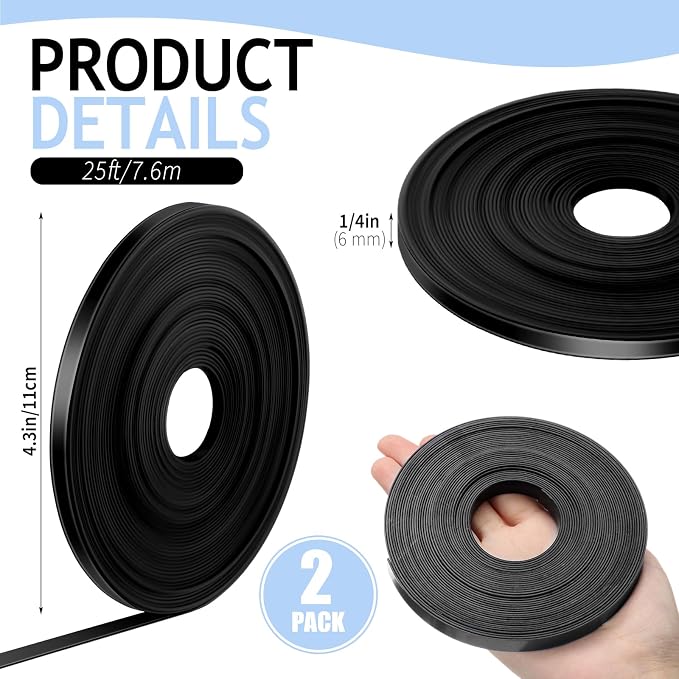 Tellegloww 2 Rolls Black Magnetic Tape Roll Thin Strips, 1/4 Inch x 25 Feet Magnetic Board Dividers Whiteboard Graphic Decorative Tape Marking Line for Classroom Office Art Accessories