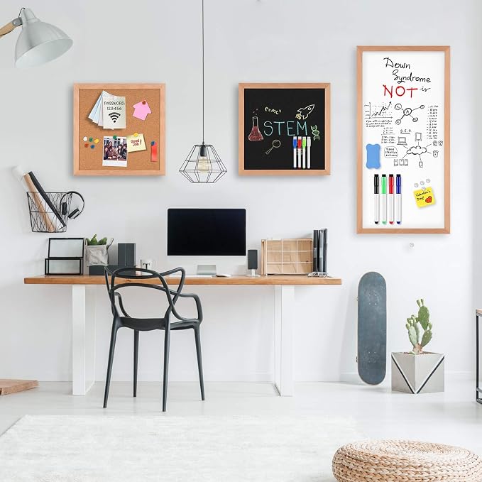 Magnetic 3 in 1 Combination Board 12"x12", 24"x12", Natural Wood Frame | Multi-functional Dry Erase Whiteboard, Chalkboard & Cork Board, Ideal for Home, Office & School