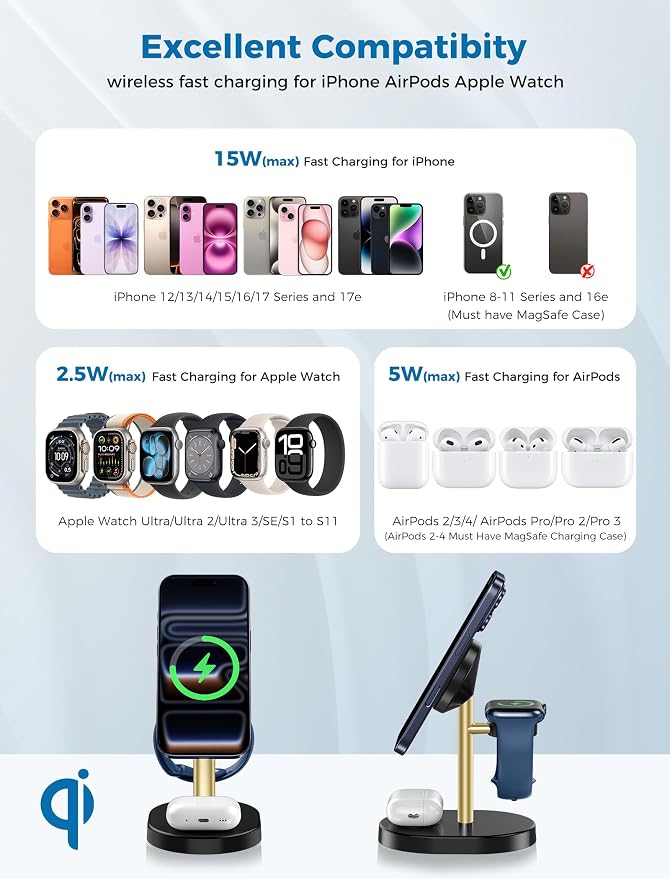2026 3 in 1 Wireless Charging Station for Apple MagSafe Charger, 15W Fast Magnetic Mag-Safe Charger Stand for iPhone 17 16 15 14 13 12 Apple Watch AirPods Series GoldBlack
