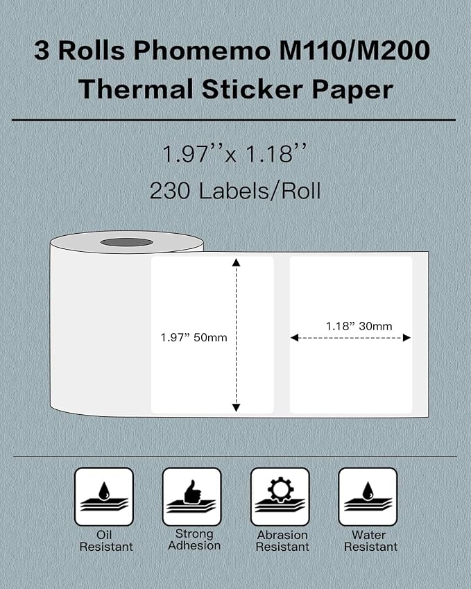 Phomemo Labels 3 Rolls,1.97"x1.18", for M110/M100/M220/M108, 690 PCS | Square 50×30mm Name Thermal Stickers for Kids & School, Barcode, Logo, Business, Home,Organization, Peptide Vial, White