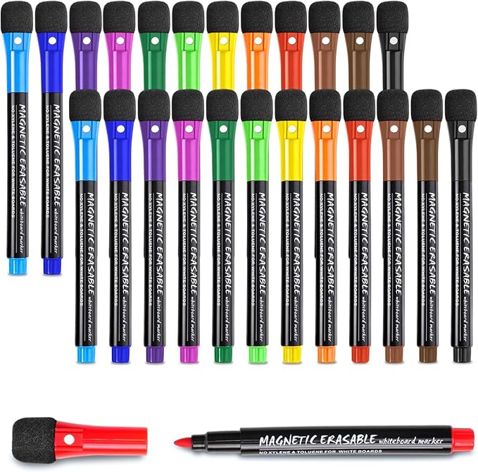 EMART Dry Erase Markers Fine Tip 24 Count Magnetic White Board Markers | 1-2mm Thin Whiteboard Pens with Eraser Cap Low Odor for School, Classroom, Office, Home, Teacher Must Haves