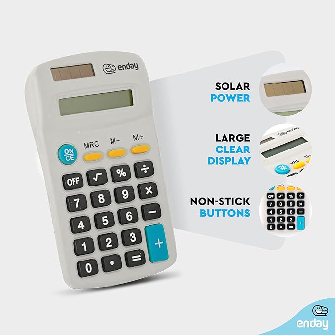 Calculator Grey, Basic Small Solar and Battery Operated, Large Display Four Function, Auto Powered Handheld Calculator School and Kids Available in Green, Red, Purple, Blue, Pink, 1 PK – by Enday
