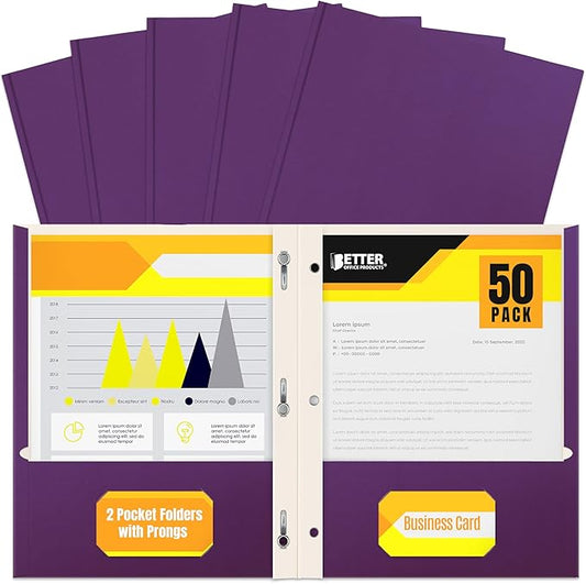 Better Office Products Purple Paper 2 Pocket Folders with Prongs, 50 Pack, Matte Texture, Letter Size Paper Folders, 50 Pack, with 3 Metal Prong Fastener Clips, Purple