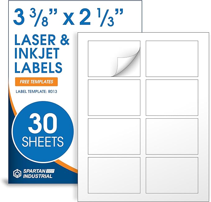2 1/3" X 3 3/8" Matte White Printable Labels for Inkjet and Laser Printers - 30 Sheets, 240 Custom Stickers, Name Tags, Hello My Name is Stickers, Shipping Labels - Spartan Industrial Template R013