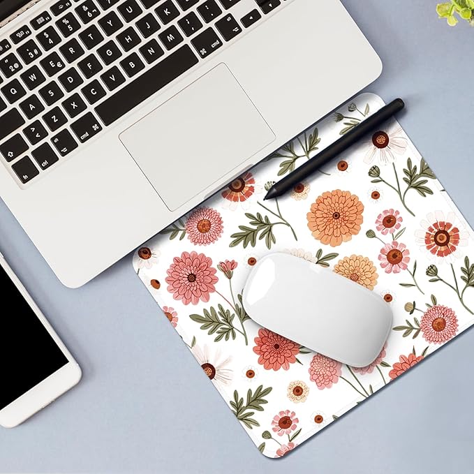Mouse Pad with Stitched Edges - Cute Floral Mousepad for Women, 9.25 x 7.75 inch Washable Square Desk Pad, Non-Slip Rubber Base, Office Home Laptop Accessories - Coral Daisy