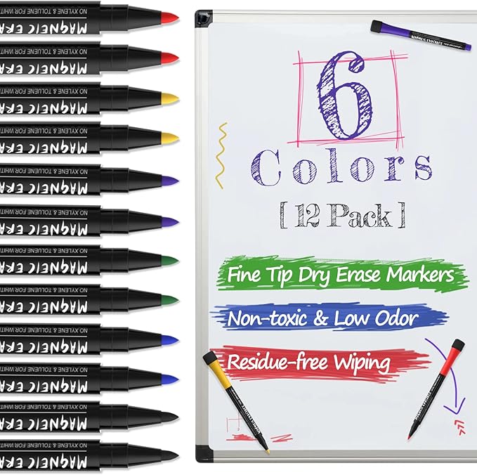 Magnetic Dry Erase Markers Fine Tip, 6 Colors (12 Pack) White Board Markers Dry Erase Marker with Eraser Cap, Low Odor Whiteboard Markers Fine Point Pens for Office Supplies