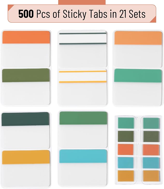 Mr. Pen- Sticky Index Tabs, 500 Pcs, 21 Sets, Colorful | Writable Colored Pages Markers Labels for Reading Notes, Books, Binders, Notebook, Folders and Classify Files