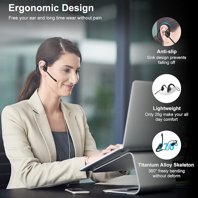 iDIGMALL Bluetooth Headset with Mic, Open Ear Headphones with Microphone | Noise Cancelling Wireless Headset for Phone PC Computer Work Home Meeting Driving, Multipoint, Lightweight & Comfortable, 10H