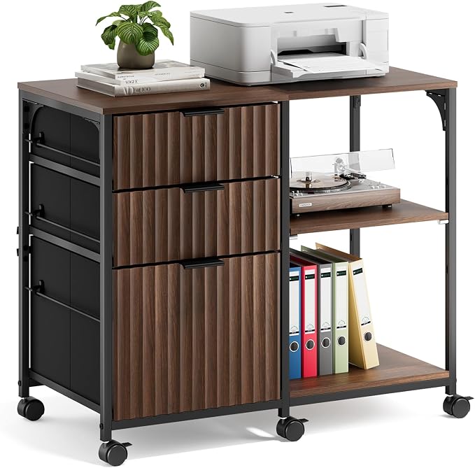 VINGLI 3 Drawer Mobile File Cabinet Printer Stand, Fluted Filing Cabinet with Open Storage Shelves Adjustable, Rolling Lateral Fabric Filing Cabinet for Home Office, Fits Letter Size, Walnut