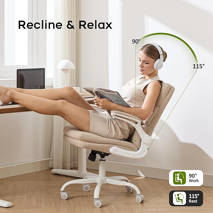 Office Chair Adjustable Desk Chair Mid Back Executive Comfortable Fabric Ergonomic Back Support Home Computer Chair with Padded Flip-up Armrest Swivel Wheels (Beige)