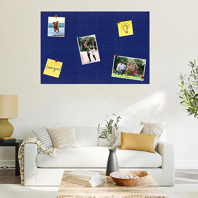 Large Square Felt Cork Board Tiles, Self Adhesive DIY Felt Bulletin Board Pin Board with 35 Pushpins for Office School Home Wall Decor Stickers Memos Photos Display (Dark Blue)