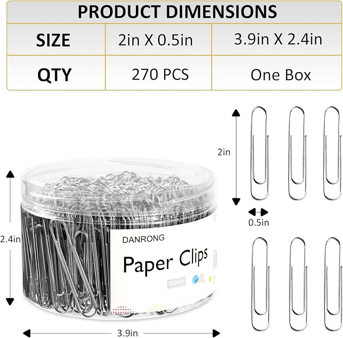 Silver Jumbo Paper Clips, 270pcs 2 Inch (50 mm) Paper Clip, Large Paperclips Great for Office School and Personal Use(2 in, Silver) | Large Paperclips Great for Office School and Personal Use(2 in, Silver)
