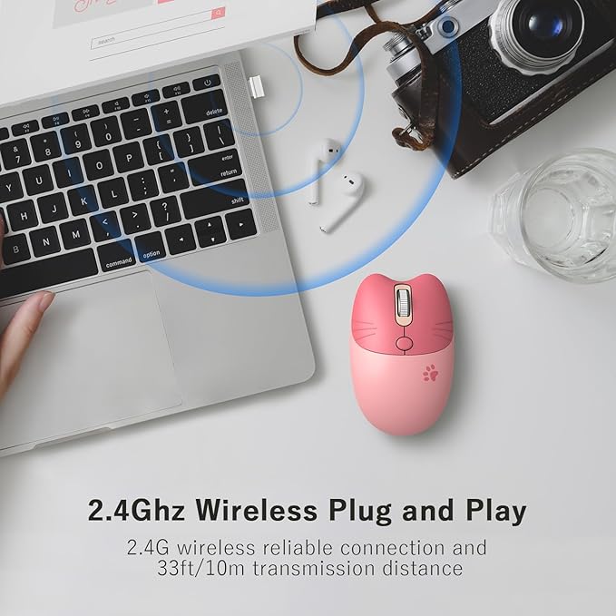 Wireless Compact Silent Mouse with Cute Cat Designs, 2.4GHz Plug and Play Wireless Opatical Mouse with USB Nano Receiver for Laptop/PC/Computer (Pink Cat)