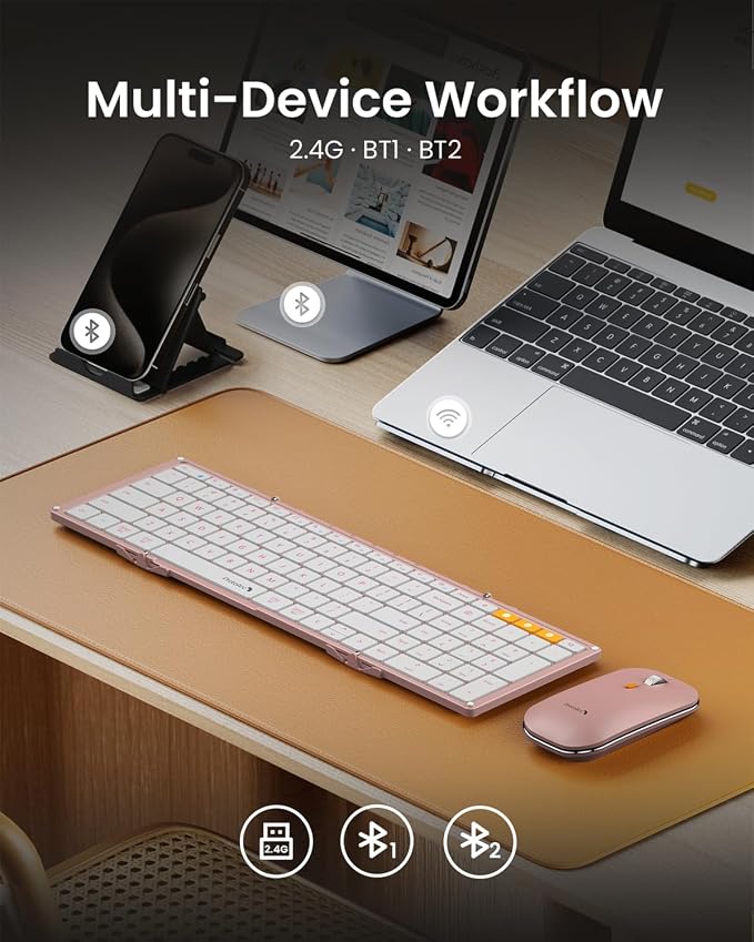 ProtoArc XKM01 Full-Size Foldable Keyboard Mouse Combo for Travel - Pink | 105-key keyboard, slim mouse, hard case and phone stand; 3-device Bluetooth & 2.4G switching, for travel office use