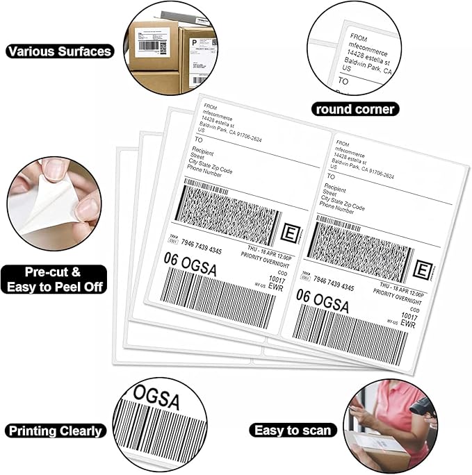 LabelMore 8.5'' x 5.5'' Half Sheet Self Adhesive Shipping Labels for Laser & Inkjet Printers - Rounded Corner - Shipping Labels 2 Per Sheet (20000 Labels)