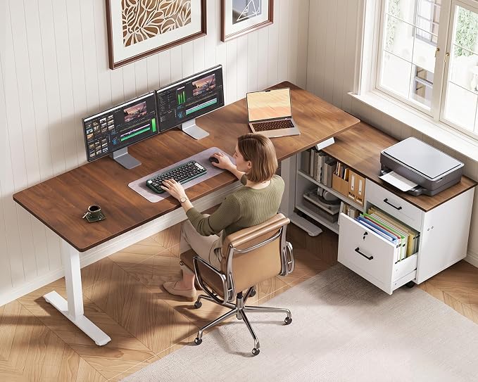 63" L Shaped Electric Standing Desk with Cabinet Sets, Walnut/White | Mobile Drawers & File Cabinet Sets for Flexible Layout, Height Adjustable Executive Stand Up Desk for Home Office Workstation