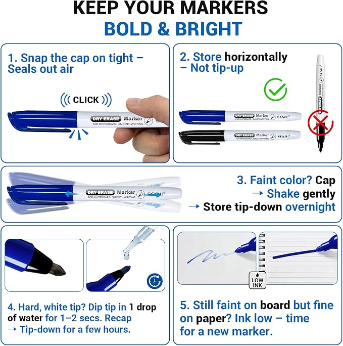 SFAIH Fine Tip Dry Erase Markers, 15 Colors, 30 Pack, 1-2mm Line, Low Odor | Easily Erases, Clear Reusable Storage Case, Non-Toxic Ink, Ideal for Study Groups, Homeschooling, Kids & Paper Art