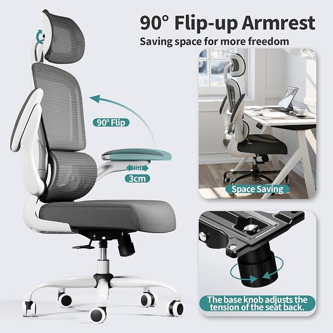 TRALT Office Chair Ergonomic Desk Chair - Gaming Chair with Lumbar Support (5, White) | 330 LBS Home Office Desk Chairs with Headrest, Reading Chair with Flip-up Armrests, Comfortable Computer Chairs (5, White)