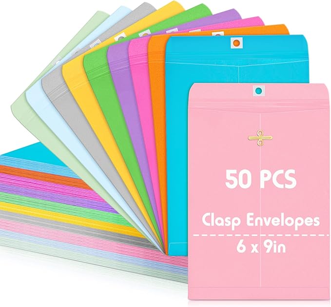 Geyee 50 Pcs 6 x 9 Inch Clasp Envelopes Letter Size Mailing Envelopes with Clasp Closure for Filing Storing Documents Office Home Business School (Mixed Colors)