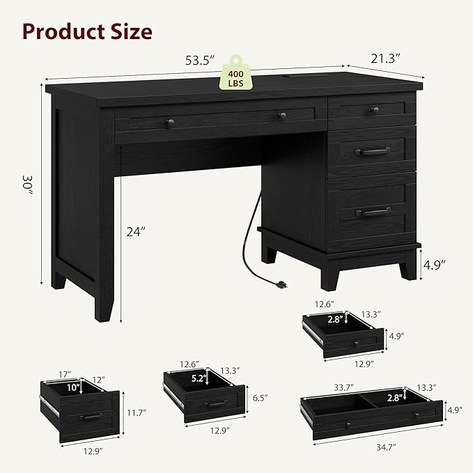 Garvee 53.5" Wooden Home Office Desk with File Drawers, Executive Desk with Power Outlet, Farmhouse Wood Desk with Storage, Distressed Study and Work Table, Rustic Black