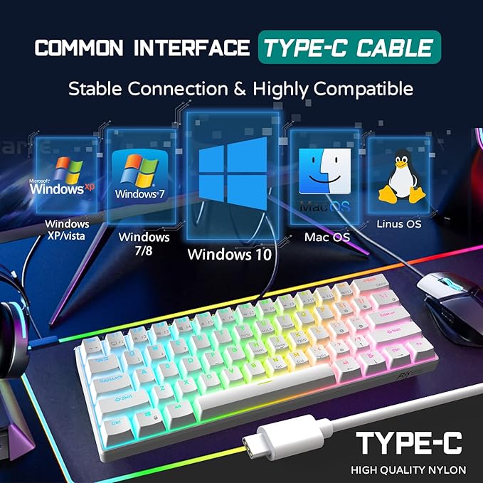 RK ROYAL KLUDGE RK61 60% Gaming Keyboard, Wired RGB Mechanical Keyboard with No-Conflict 61 Keys, Hot Swappable PC Game Keyboards for Windows Mac, Quiet Red Switch-White