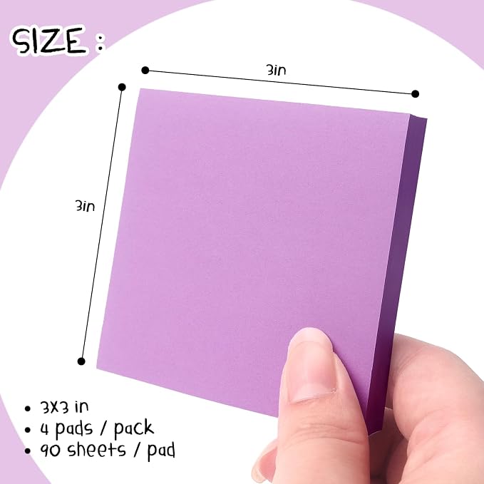 Sticky Notes 3x3 Pop Up with Bright Colors (Purple), 4 Pads 90 Sheets/Pad | Bright Purple Pop Up Self-Stick Notes Pads, 360 Sheets Total, Perfect for Daily Reminders, Study Notes, and Office Memos