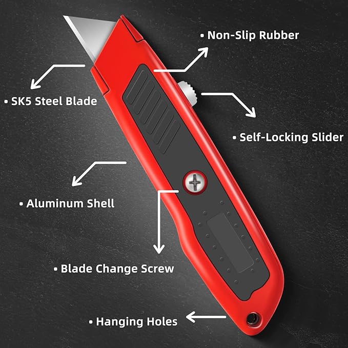 DIYSELF 2 Pack Box Cutter Retractable, Box Opener Tool Exacto Knife, Razor Knife Blade, Aluminum Alloy and Non-slip Rubber Handle, Heavy Duty Utility Knife for Carton, Cardboard and Box (Red)