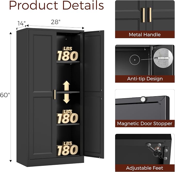 60" Tall Kitchen Pantry Cabinet, Metal Storage Cabinet with Doors | Kitchen Cabinet with 4 Adjustable Shelves, Tall Food Pantry Cabinet, Black Cupboard for Kitchen, Dining Room, Garage & Office
