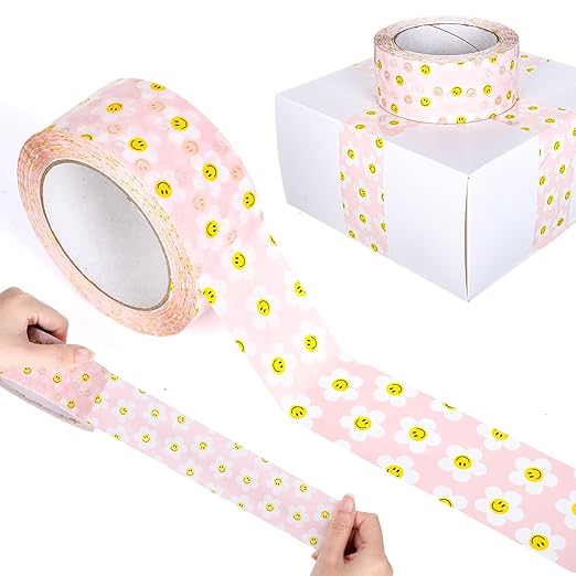 Whaline 109 Yard Smile Daisy Packing Tapes Pink White Smile Face Flower Pattern Tape Waterproof Floral Shipping Tape for Small Business DIY Crafts Box Carton Decor